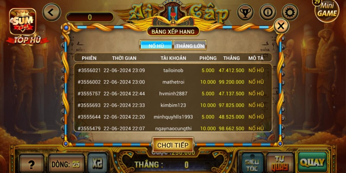 Bảng vàng vinh danh người chơi chiến thắng